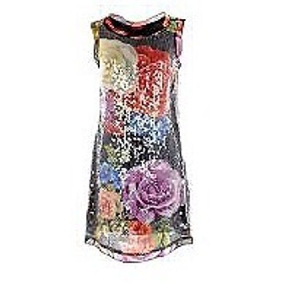 Rene Derhy Womens Floral Sequin Sleeveless Shift Dress Black Multi Size S
